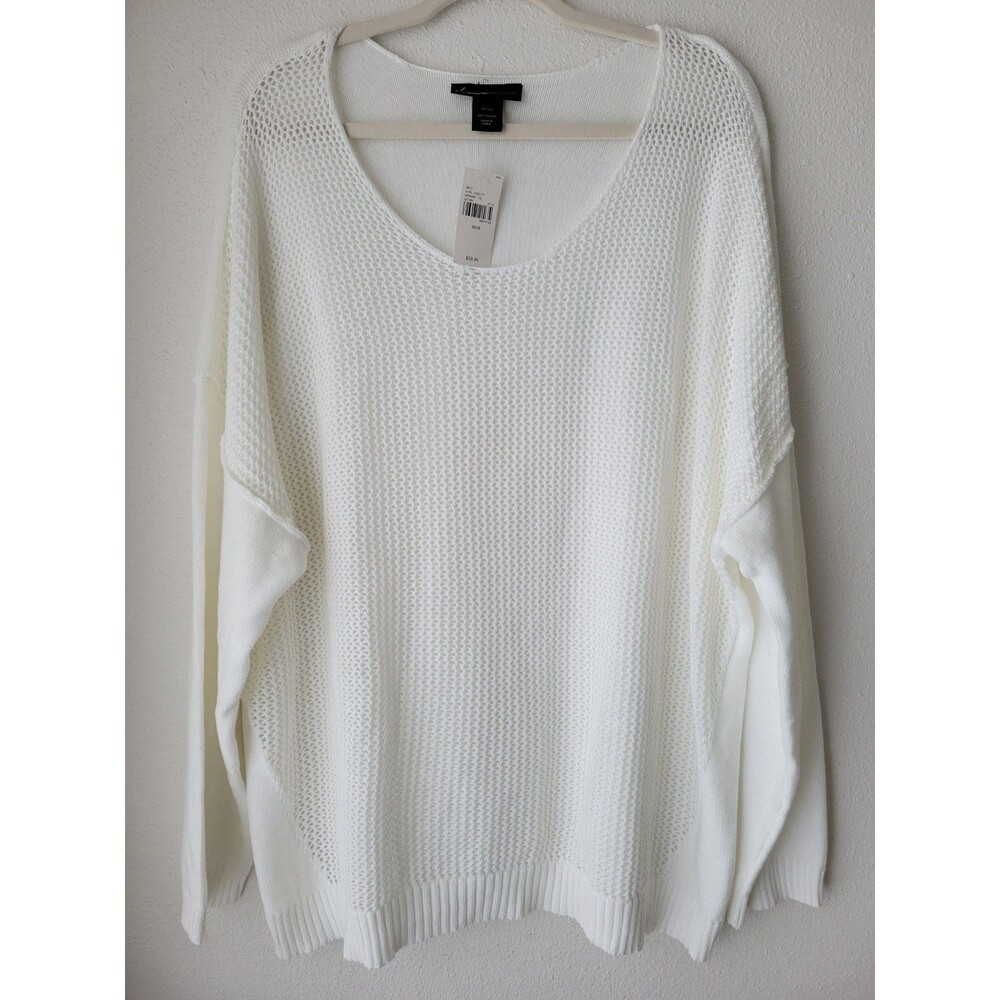 Lane Bryant 26/28 White Waffle Knit Scoop Neck Sweater 100% Cotton Long Sleeve